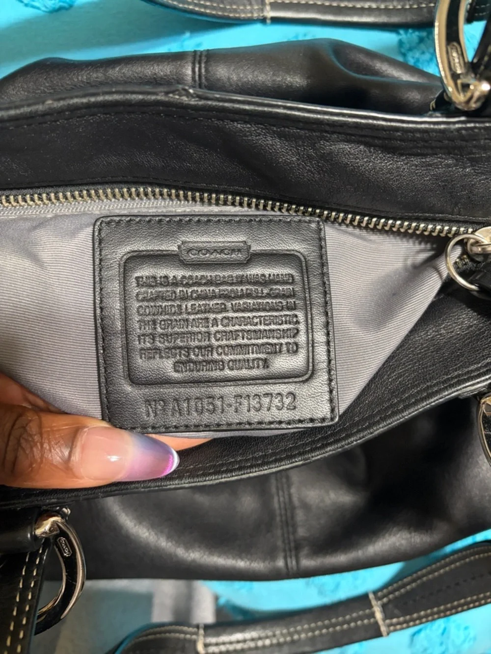 Coach Black Leather Shoulder Bag with White Contrast Stitching